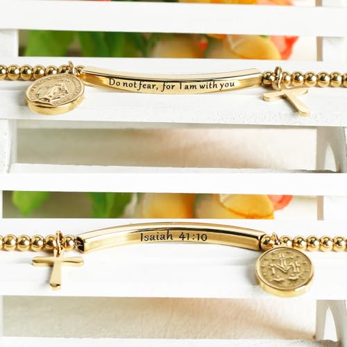 DS Women Christian Charm Bracelet,Cross Scripture Stainless Steel Jewelry - style: Do not fear for,I am with you-Gold