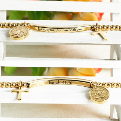 DS Women Christian Charm Bracelet,Cross Scripture Stainless Steel Jewelry - style: Do not fear for,I am with you-Gold