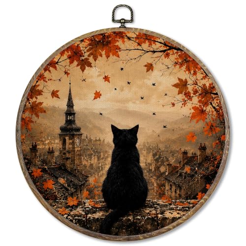 FUGWN Fall Maple Leaf Black Cat Round Wall Art Decor Framed 10x10 Inch - color: cat-1