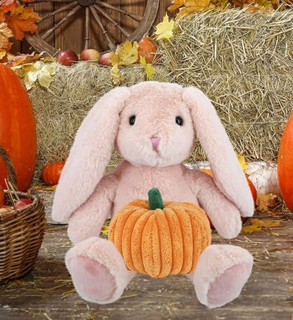 DolliBu Super Soft Baby Pink Rabbit Stuffed Animal with Pumpkin Plush Decor - Rabbit Pumpkin Plush Animal for Fall, Halloween and Thanksgiving, Pumpkin Plush Toy for Baby, Kids, Adults - 8 Inches