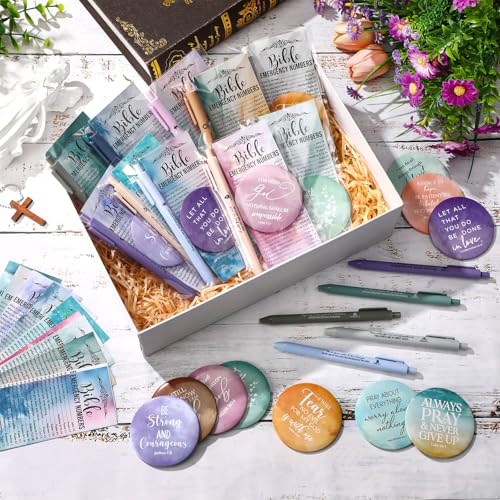 Feifeiya 50 Sets Christian Gifts Bulk for Church Bible Verses Ballpoint Pens Religious Emergency Bookmarks Compact Mirrors for Women Grandmother Bible Study Group
