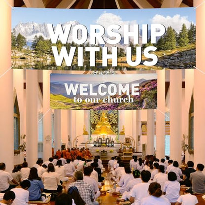 2 Pcs Worship with Us Church Wall Banners 6 × 2ft