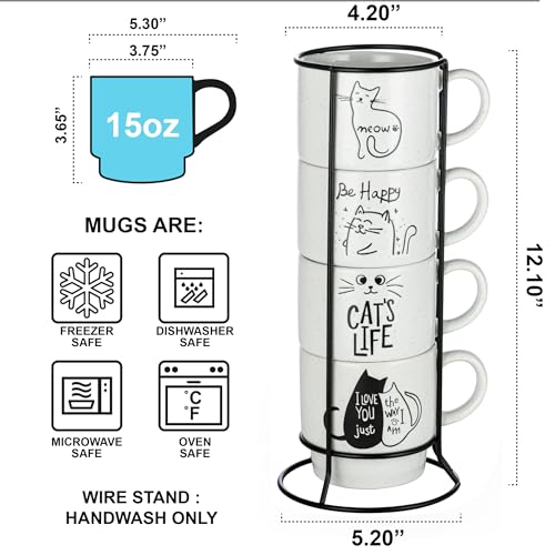 Signature Housewares Stackable Coffee Mug Tower Set with Metal Wire Rack - 15 Ounce Coffee Mugs for Coffee, Tea, Cocoa, Milk, Cappuccino, Hot Chocolate Set of 4 - Cat's Life - color: Cat's Life, size: 15oz