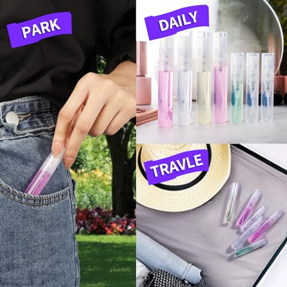 Fandamei 60PCS Mini Spray Bottle, 30PCS 3ml Mini Clear Plastic Spray Bottle Empty with 30PCS 5ml Fine Mist Refillable Mini Perfume Bottle. Small Empty Sample Containers Bottle. - size: 3ml/5ml