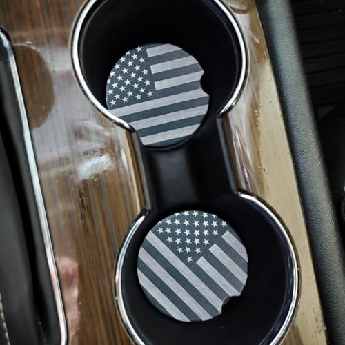Craedli 2PCS American Flag Car Coasters for Cup Holders, 2.51" Absorbent Ceramic Anti-Slip Drink Insert Car Cup Holder Coaster with Finger Notch, Universal Auto Interior Accessory for Women Men (Gray) - color: Gray