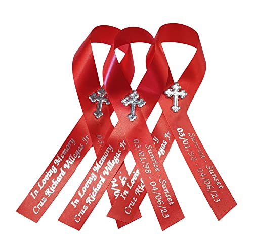 Personalized Memorial Service Funeral Ribbon Pins 20 Cross Religious Celebration of Life Custom Made Awareness Remembrance Anniversary Death Cross Sympathy Name Angel - color: Red