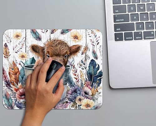 OFlich Highland Cow Mouse Pad - Floral, 9.5x7.9 Inch, Reddish Brown, Polyester & Polyurethane, Non-Slip Base, Office & Gaming - color: Cow 5
