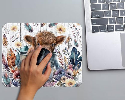 OFlich Highland Cow Mouse Pad - Floral, 9.5x7.9 Inch, Reddish Brown, Polyester & Polyurethane, Non-Slip Base, Office & Gaming - color: Cow 5