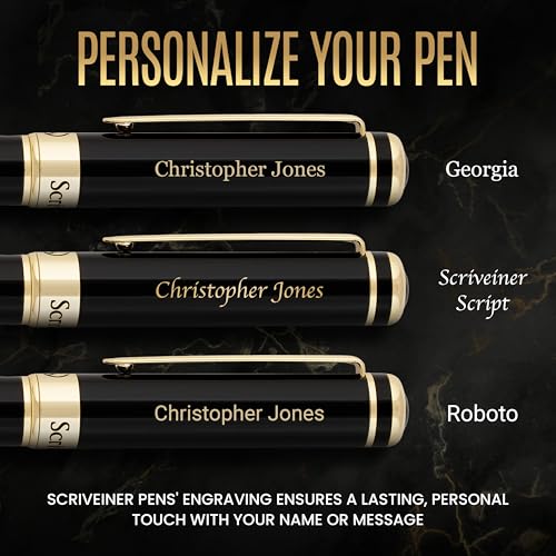 Scriveiner Personalized Black Rollerball Pen - Stunning Luxury Pen, Jet Black Lacquer & Real Gold Plating, Schmidt Ink Refill, Best Engraved Roller Ball Gift for Men & Women, Custom Name Engraving - color: Black with Gold (Personalized)