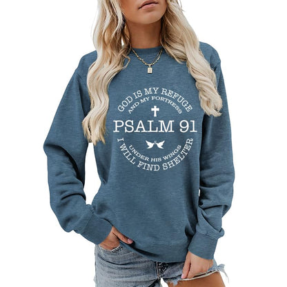 Christian Sweatshirts for Women Psalms 91 Long Sleeve Shirt - color: Blue, size: Large