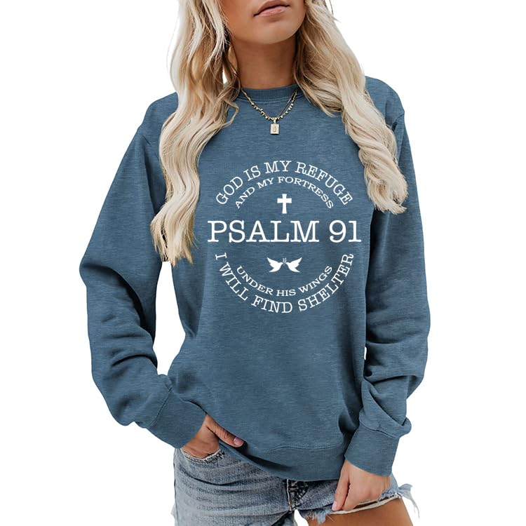 Christian Sweatshirts for Women Psalms 91 Long Sleeve Shirt - color: Blue, size: Medium