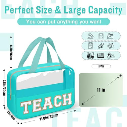 Teacher Appreciation Gifts Chenille Letter Clear Makeup Bag TEACH Pouch, Preppy Waterpoof Makeup Cosmetic Bag with Zipper Graduation Retirement Birthday Teacher Essentials Gifts for Women(TEACH-Green) - color: TEACH-Green