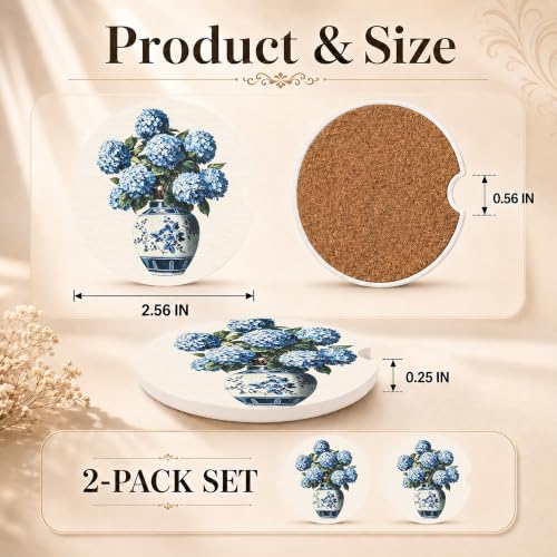 Chinoiserie Car Coasters Set of 2, Hydrangea Car Ceramic Accessories, 14 - color: Chinoiserie