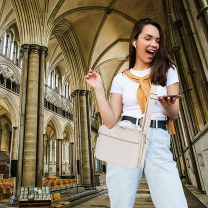 Large Bible Cover for Women,2 Compartments Bible Bag for Church - color: 2 Lays,Beige with Diamond jacquard strap