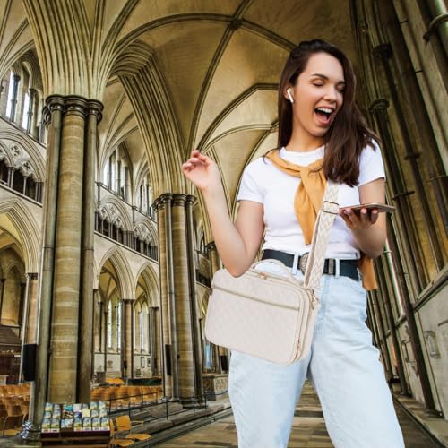 Large Bible Cover for Women,2 Compartments Bible Bag for Church - color: 2 Lays,Beige with Diamond jacquard strap