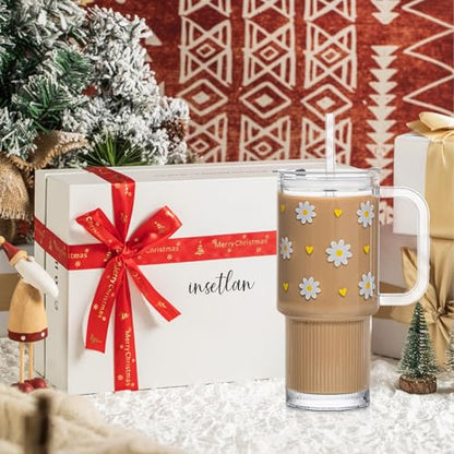INSETLAN 26 oz Glass Tumbler with Handle, 2-Pack Iced Coffee Cups - color: 2 Pcs - Daisy