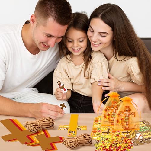 BeYumi Fall Cross Necklace Craft - 28Pcs Fall Religious Cross Necklace Craft Kit for Kids DIY Sticker and Beads Ornament Autumn Thanksgiving Decor Sunday School Classroom Party Christian Favors - style: Fall