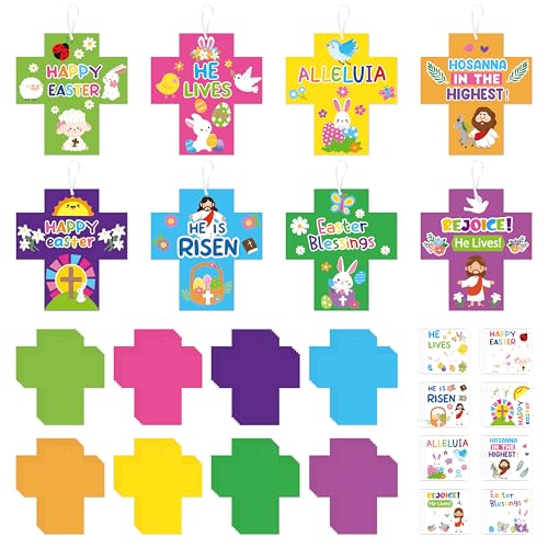 ANGOLIO Religious Easter Cross Craft Kit for Kids, 123Pcs DIY Christian Craft Sticker Hanging Ornaments with String for Home Classroom Sunday School Party Supplies Jesus He is Risen Easter Spring Gift - style: Easter