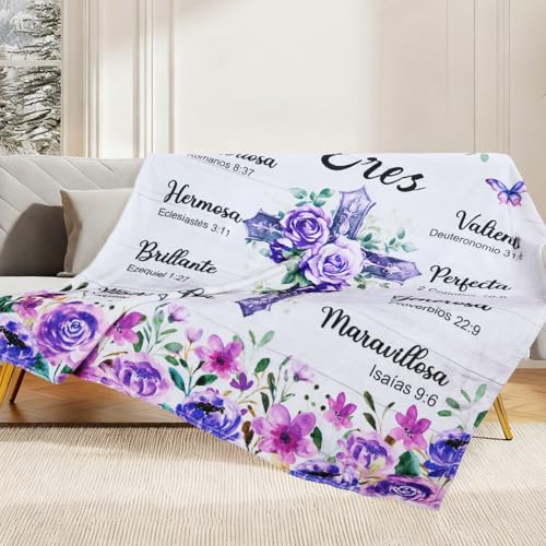 Spanish Christian Blanket Bible Verse Throw Soft Scripture Purple Blanket Religious Healing Faith Based Gift for Women Mom Sister Grandma Birthday Baptism Christmas Religious Gifts 50" x 60"