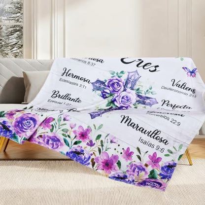 Spanish Christian Blanket Bible Verse Throw Soft Scripture Purple Blanket Religious Healing Faith Based Gift for Women Mom Sister Grandma Birthday Baptism Christmas Religious Gifts 50" x 60"