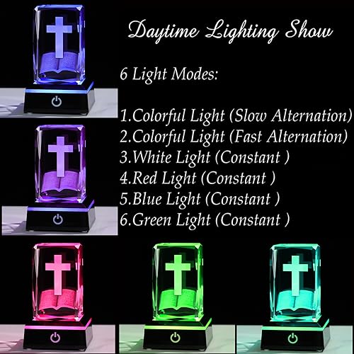 Qianwei 3D Crystal Cross Bible Figurine with Colorful Light Base, Laser Engrave Religious Gifts for Women Man Christian Gifts for Friend Sister - color: Cross Bible