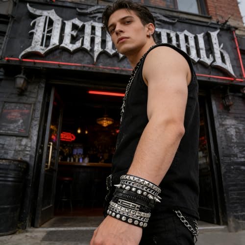 4 Pcs Leather Cuff Bracelets for Men with Spiked Cross Studded Stars Charms - color: Black-Cross