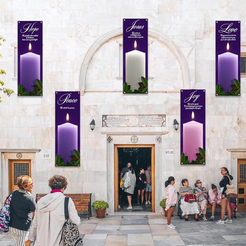 5Pcs 2x6 Ft Religious Church Banner with Scripture Christian Candles Banner for Sanctuary Wall Hope Peace Joy Love Jesus Prayer Flag Welcome Religious Praise Hanging Signs Decor for Holiday Church - size: 2x6Ft