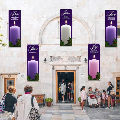 5Pcs 2x6 Ft Religious Church Banner with Scripture Christian Candles Banner for Sanctuary Wall Hope Peace Joy Love Jesus Prayer Flag Welcome Religious Praise Hanging Signs Decor for Holiday Church - size: 2x6Ft