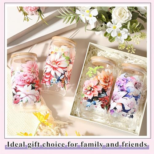 Mumufy 4 Pack Bloom Floral Glass Cup, 16 oz Tumbler Mug with Bamboo Lid - style: Bloom Floral