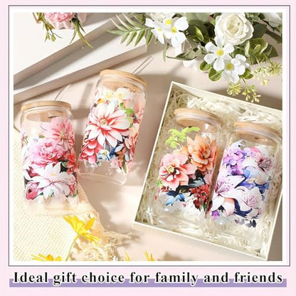Mumufy 4 Pack Bloom Floral Glass Cup, 16 oz Tumbler Mug with Bamboo Lid - style: Bloom Floral