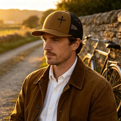 3 Nails Cross Trucker Hat Christian Religious Gifts for Birthday/Christma - color: 3 Nails Cross Trucker Hat Caramel & Black
