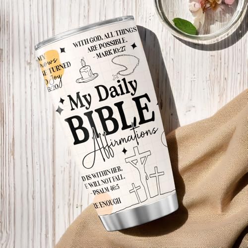 Bible Verse Tumbler with Daily Affirmations for Women, 20oz Stainless Steel Insulated Cup for Christian Faith, Religious Gift for Prayer, Inspirational Scripture Travel Mug - color: Bible Affirmation