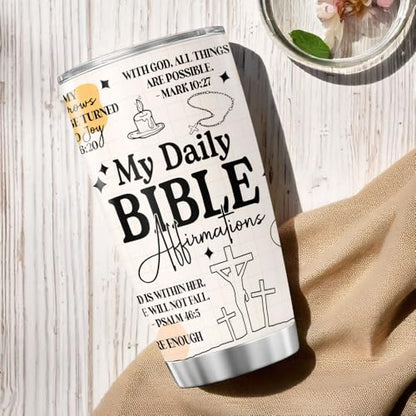 Bible Verse Tumbler with Daily Affirmations for Women, 20oz Stainless Steel Insulated Cup for Christian Faith, Religious Gift for Prayer, Inspirational Scripture Travel Mug - color: Bible Affirmation