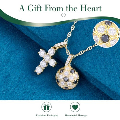 Moissanite Double Cross Necklace, Women Moissanite Diamond Cross Pendant - color: 14K Gold Vermeil+Football