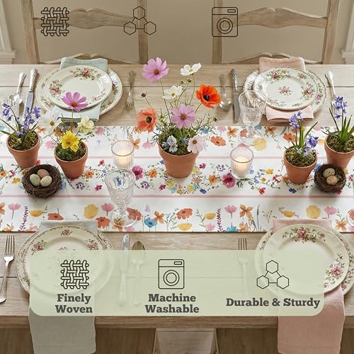 Hello Spring Table Runner 13x72 Inch, 100% Polyester Watercolor Wildflowers Birds Butterflies, Cottagecore Farmhouse Floral Spring Decorations for Home, Kitchen Dining Outdoor Party Decor - style: Wildflower Bird