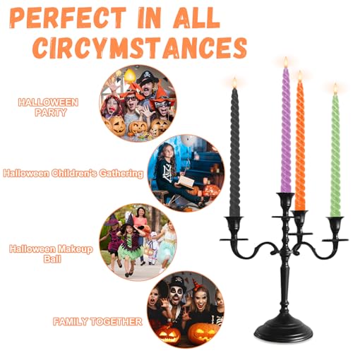 Whaline 8Pcs 10 Inch Halloween Spiral Taper Candles Black Orange Purple Green Dripless Twisted Wax Candles Long Unscented Candle Sticks for Home Party Supplies - color: Halloween