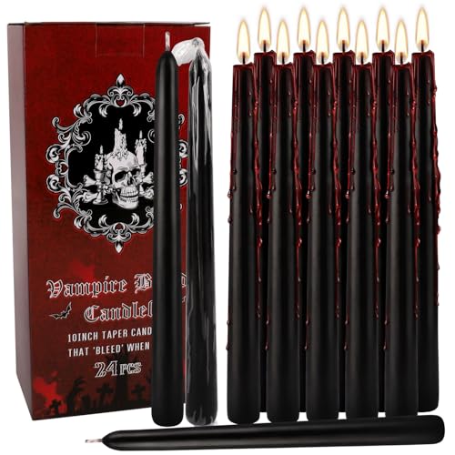 24 Pack 10-Inch Black Bleeding Taper Candles, Vampire Tears Dripping Effect Candles – Unscented Drip Style for Halloween, Christmas, Rituals, Gothic Wedding & Themed Party Decor - color: 10"24pcs-Black Bleeding