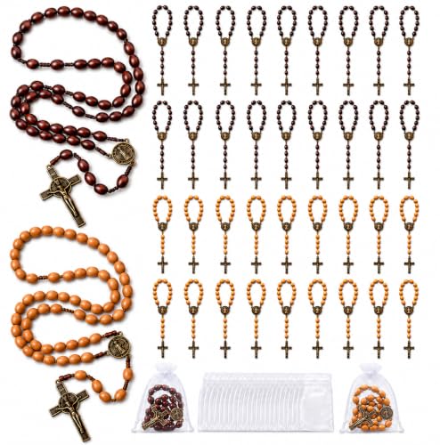36 Pack Wooden Rosary Beads with Cross, Prayer Necklaces with Organza Bags