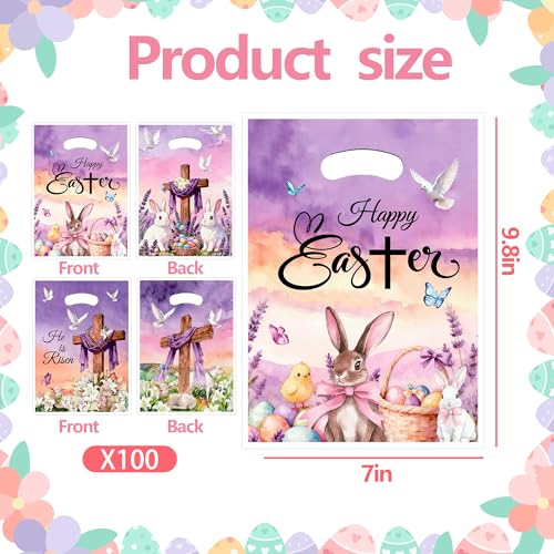 EUVBOKW 100 Pcs Easter Plastic Treat Bags Bulk,He is Risen Christian Goodie Bags and Bunny Party Favor Bags with Handles for Easter Egg Hunt, Church and Gift Wrapping - color: Easter