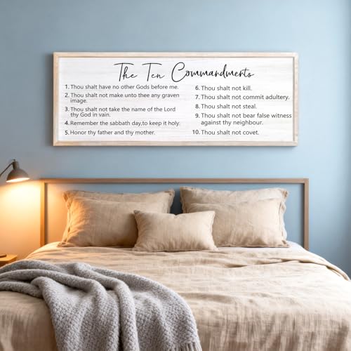 The Ten Commandments Rustic Bible Verse Framed Wall Art, 40''×15'' Positive Religious Christian Saying Sign for God Jesus Christ Prayer, Vintage Horizontal Holy Inspirational Catholic Scripture Decor - color: White Frame, style: The Ten Commandments