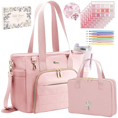 Large Bible Bag for Women, 2-in-1 Bible Tote with Detachable Embroidered Bible Cover & Study Supplies, Church Bible Study Bag, Gift-Ready Christian Gift for Women (Pink) - color: Pink