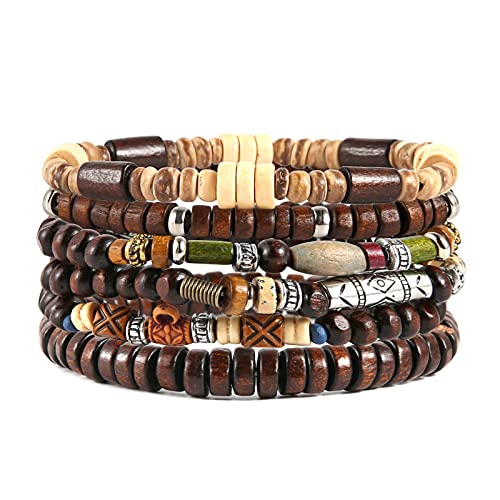 HZMAN Handmade Hemp Cords Wood Beads Leather Bracelets for Men Women - style: Bohemian