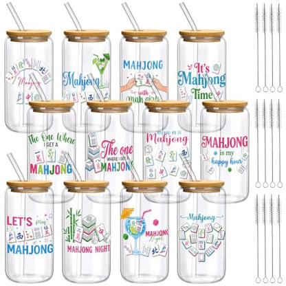 Teenyyou 12 Set of Mahjong Glass Cup with Bamboo Lid and Glass Straw 16oz Mahjong Glasses Jar Summer Drinking Cups Beer Iced Coffee Cup Tumbler Mugs for Women Men Birthday Party or Game Night Gifts - style: Mahjong