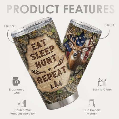 SANDJEST Hunting Tumbler 20oz, Stainless Steel Travel Cup with Lid, Eat Sleap Hunt Repeat Insulated Coffee Mug, Hunting Gifts for Men Friends Dad Grandfather on Birthday Christmas - color: Hunting