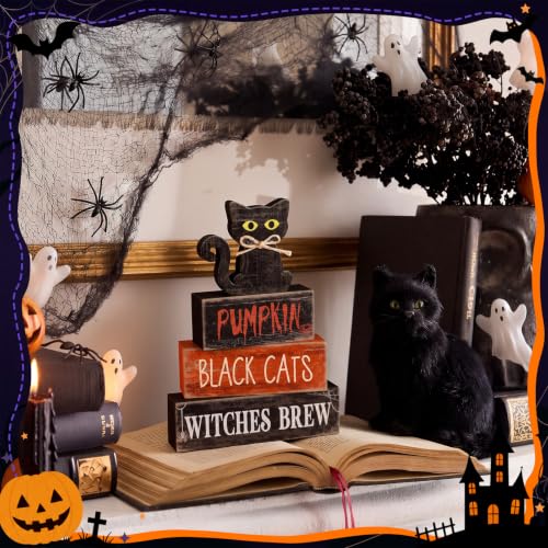 Lineshading 4 Pcs Halloween Table Decor for Home, Wooden Black Cat Sign Set - style: Black Cat