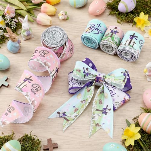 12 Rolls Spring Easter Ribbon He is Risen Cross Egg Wired Burlap Ribbon 2 Inch x 60 Lavender Purple Easter Decor Ribbons for Spring Wreath Tree Bow DIY Crafts Gift Wrapping Party Supplies 12 Styles - style: He is Risen
