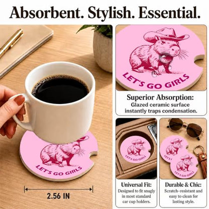 Pink Western Capybara Car Coasters, Let's Go Girls Coquette Cup Holders, 08 - color: Pink Capybara