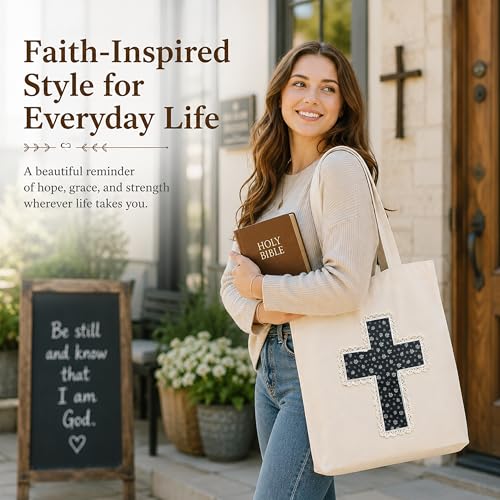 Christian Tote Bag Gift for Women, Canvas Bible Bag Handmade Floral Cross - color: Cream-soft Sage Petal