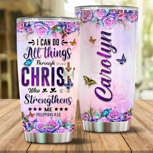 Personalized Christian Tumbler Gifts for Women Travel Cup Coffee Mug Insulated Stainless Steel 20oz With Lid Water Bottle Bible Religious Gift for Christians Mom - color: CHRISTIAN