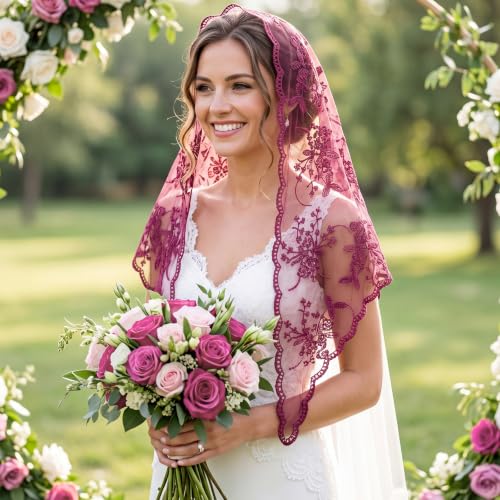 Lystaii Triangle Lace Mantilla Veil Catholic Chapel Head Covering Scarf - color: Dusty Rose